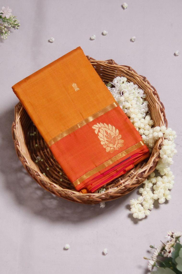 Golden Orange Designer Pure Silk Saree with Woven Work view 1