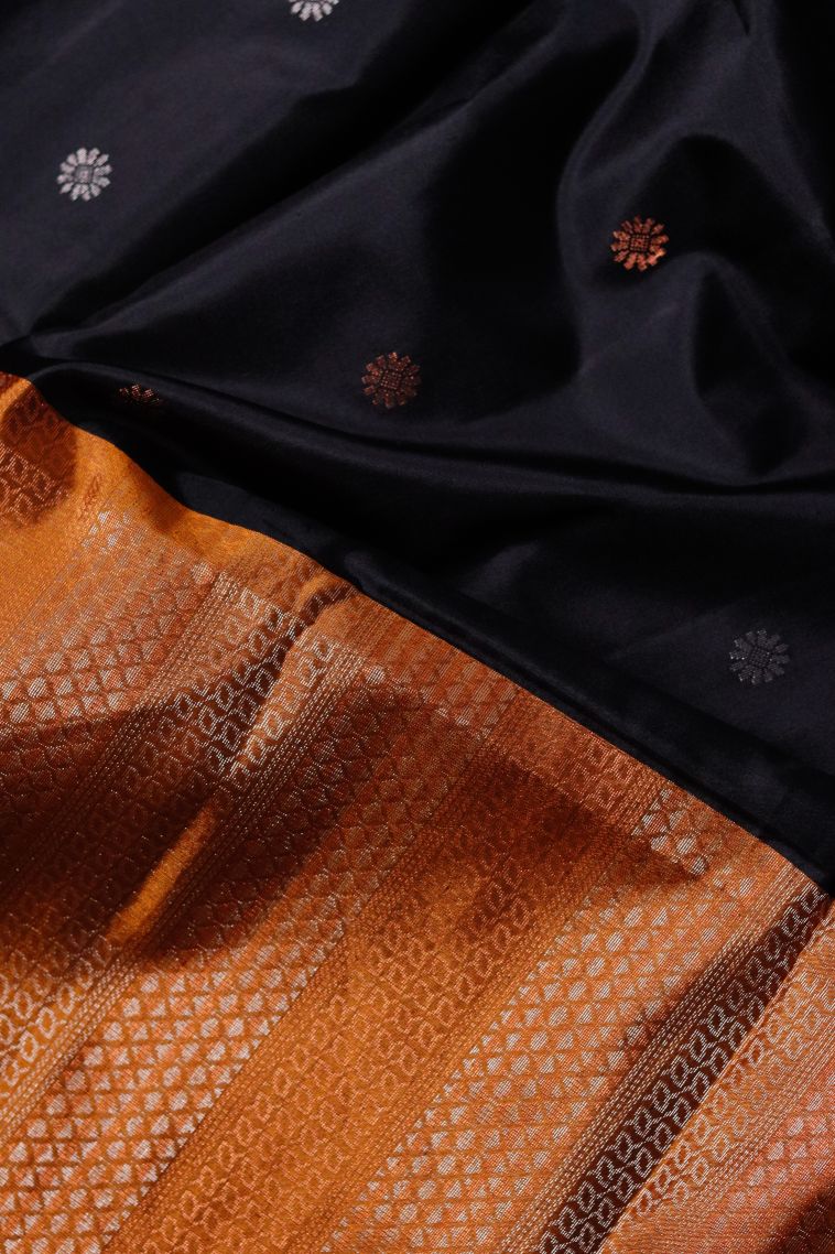 Traditional Black Pure Silk Saree with Gold Zari and Classic Contrast Border Finish view 3