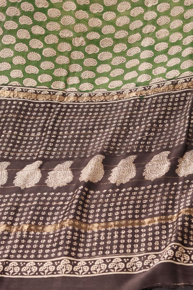 Designer Lightweight Saree in Green with Elegant mustard yellow paisley patterns. view 2
