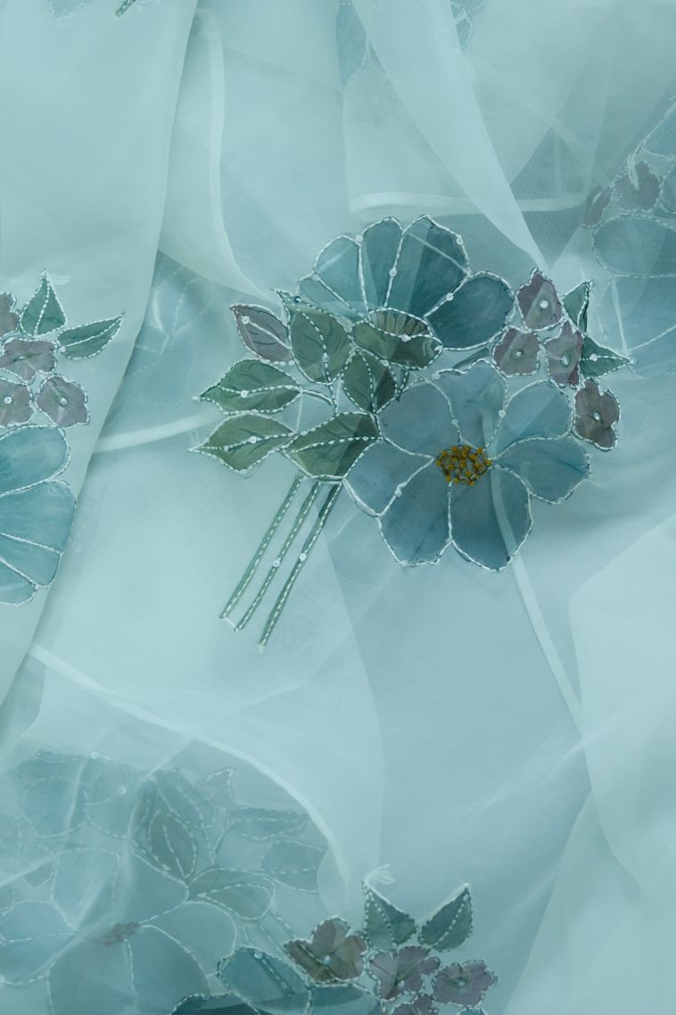 Fancy Soft & Flowing Blue Saree Featuring Floral Design view 3