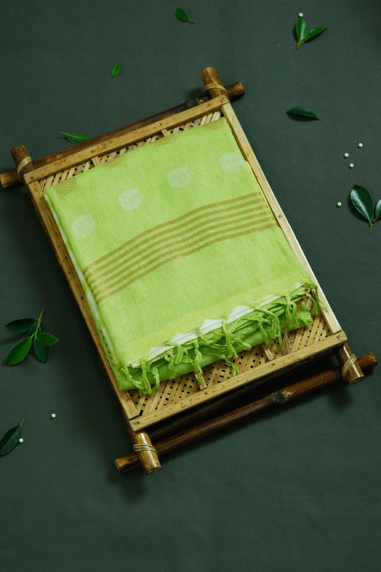 Pure Linen Saree with Green and yellow Mix shades - Timeless Style view 1