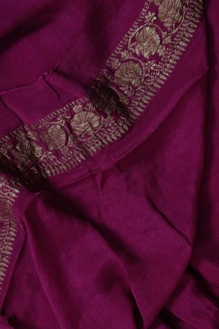 Designer Silk-cotton Banarasi Saree in Magenta with Elegant Floral Motifs Border view 3
