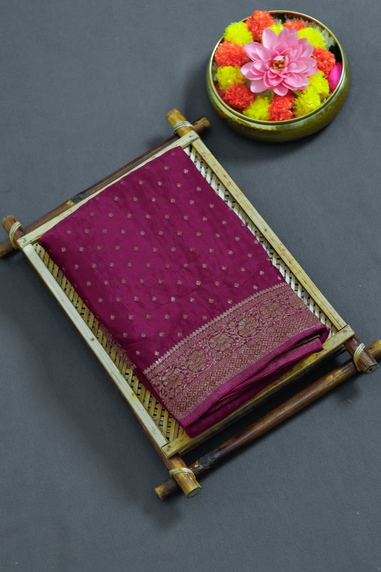 Designer Silk-cotton Banarasi Saree in Magenta with Elegant Floral Motifs Border view 1