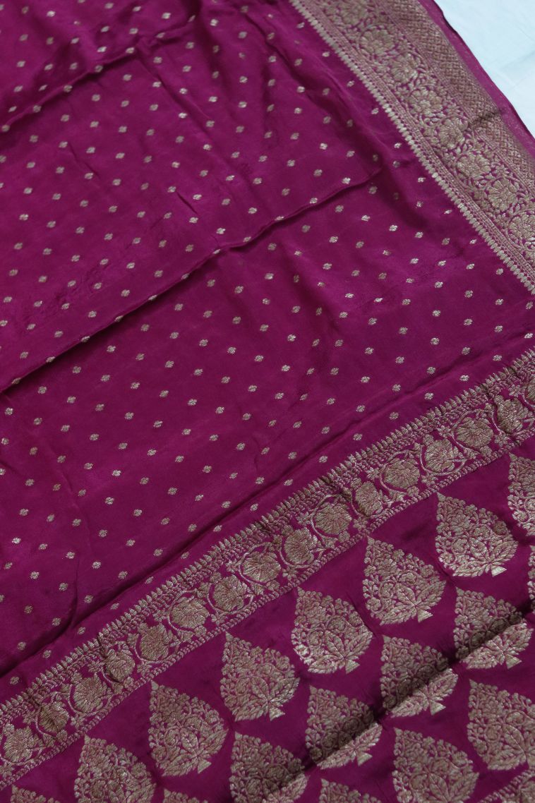 Designer Silk-cotton Banarasi Saree in Magenta with Elegant Floral Motifs Border view 2