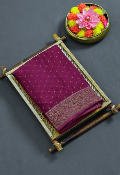 Designer Silk-cotton Banarasi Saree in Magenta with Elegant Floral Motifs Border