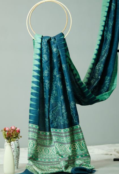 Traditional Floral Soft & Flowing Saree in Dark Teal Green - Ideal for Festive