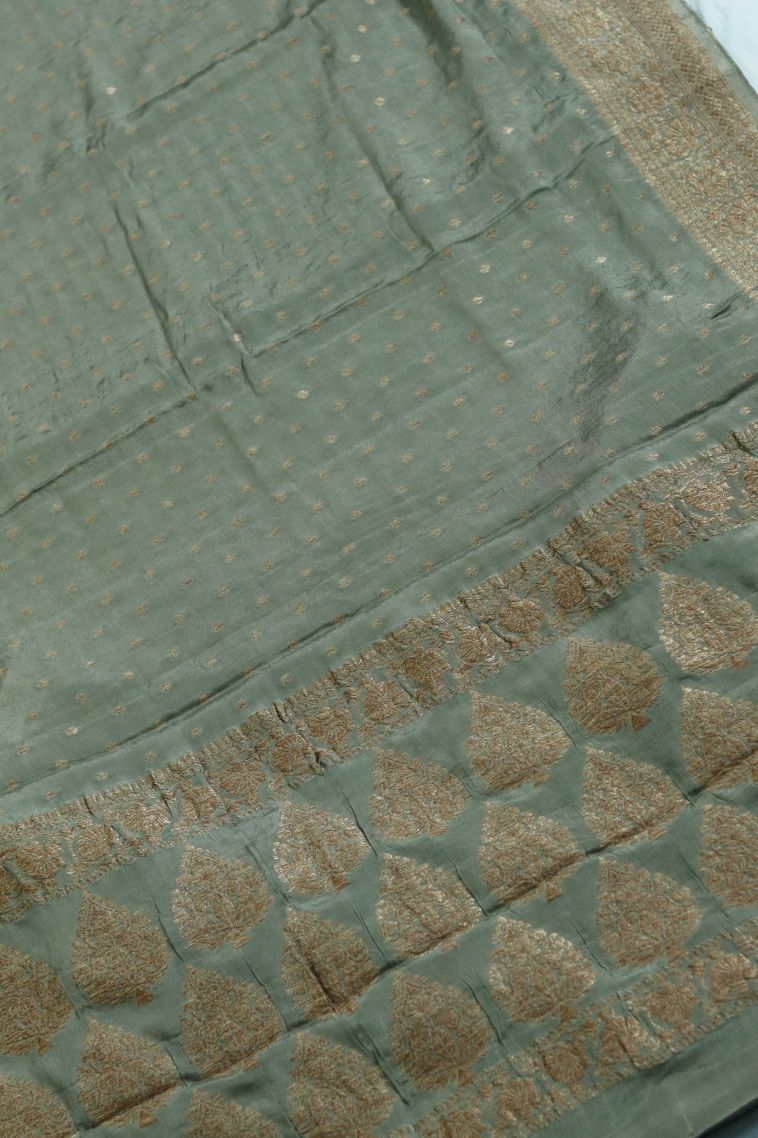 Graceful Dusty Mint Green Silk-cotton Banarasi Saree view 2