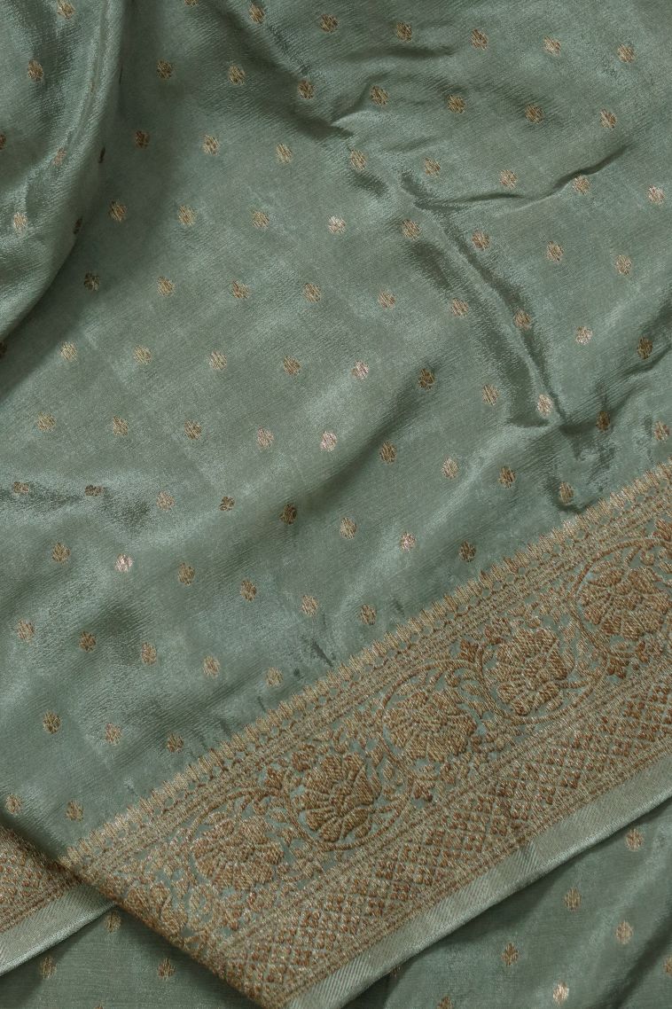 Graceful Dusty Mint Green Silk-cotton Banarasi Saree view 4