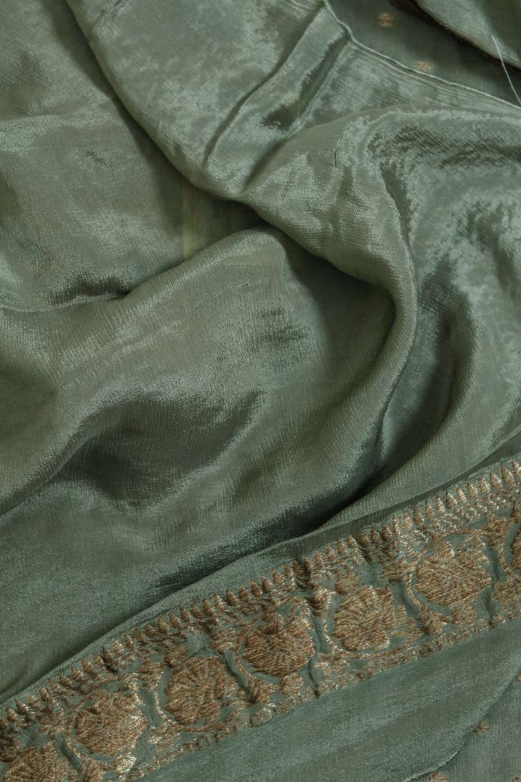 Graceful Dusty Mint Green Silk-cotton Banarasi Saree view 3