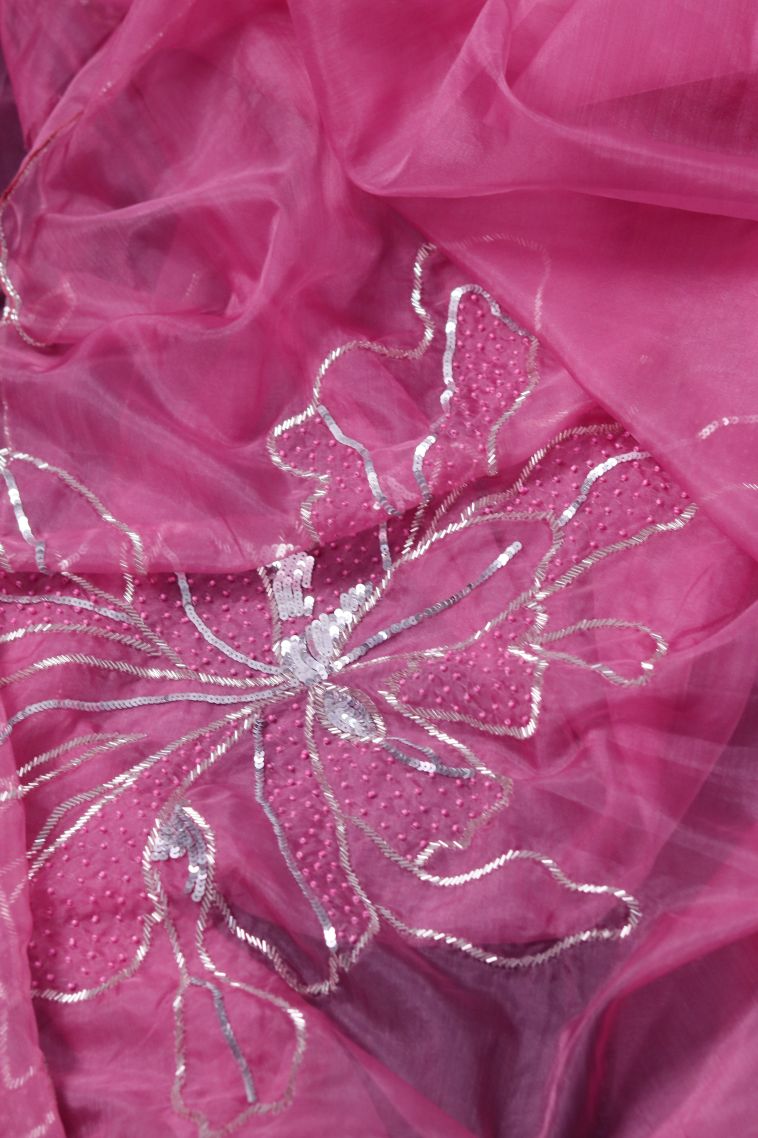 Party Wear Soft & Flowing Saree in Pink with Embroidery Accents view 2