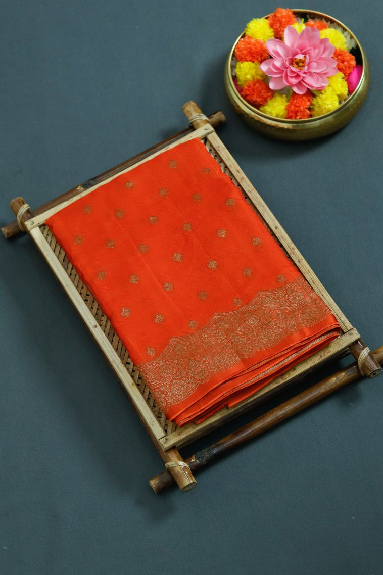 Elegant Saffron Silk-cotton Saree with Subtle Buti Detailing view 1