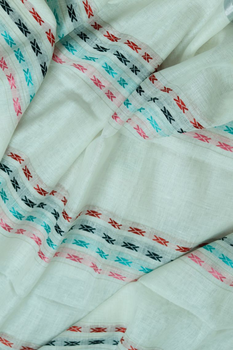 Pure Linen Saree in White with Woven Accents view 3