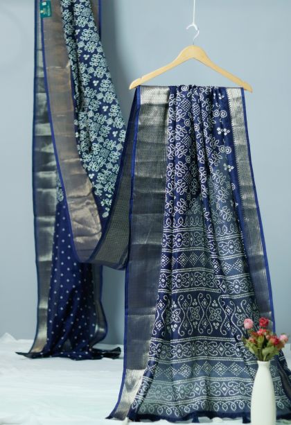 Classic Dola Silk Saree in Navy Blue with Silver Zari Border