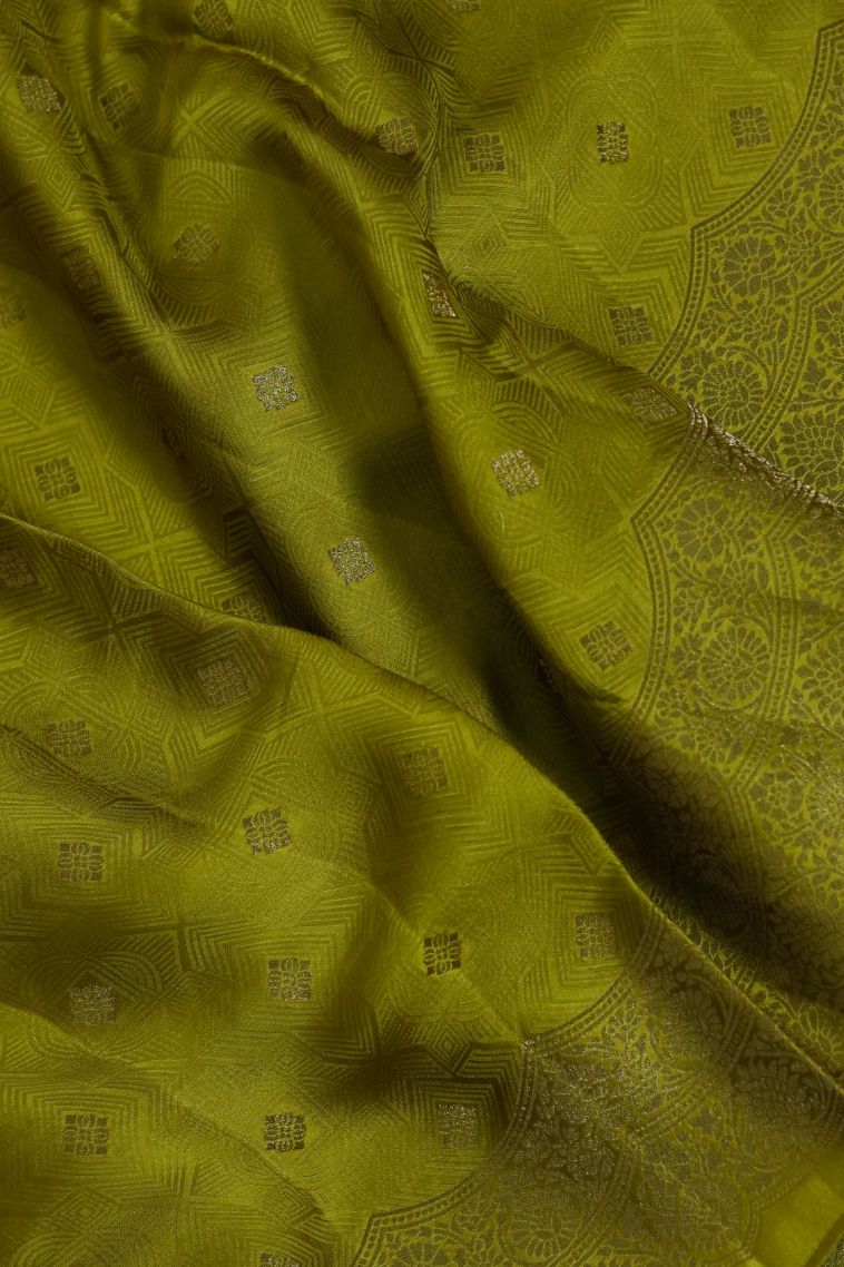 Classic Silk-cotton Banarsi Saree in Gold Olive Green view 4