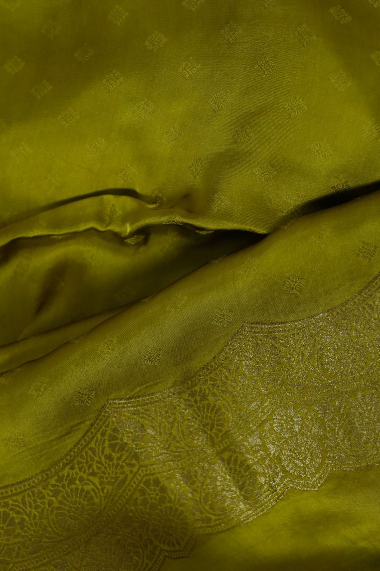 Classic Silk-cotton Banarsi Saree in Gold Olive Green view 3