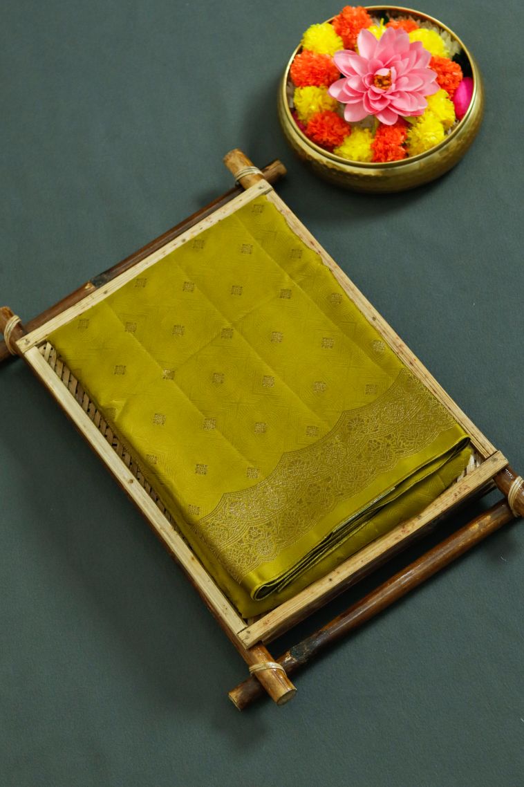 Classic Silk-cotton Banarsi Saree in Gold Olive Green view 1
