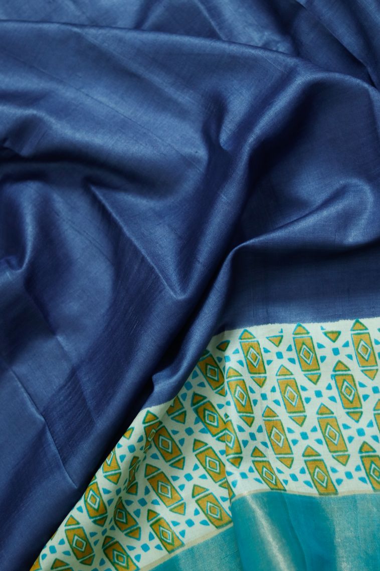 Elegant Wear Tusser Silk Saree in Blue with Printed Accents view 4