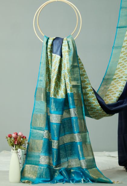 Elegant Wear Tusser Silk Saree in Blue with Printed Accents