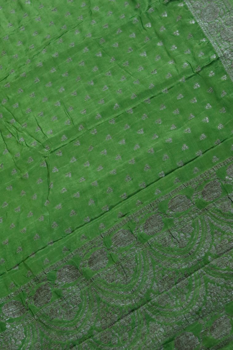 Modern Silk-cotton Banarasi Saree in Green with Designer Floral Motifs Border view 2