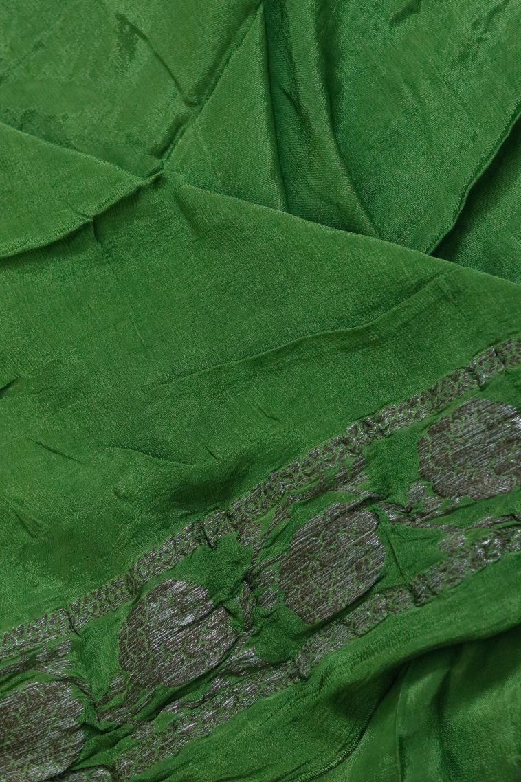 Modern Silk-cotton Banarasi Saree in Green with Designer Floral Motifs Border view 3