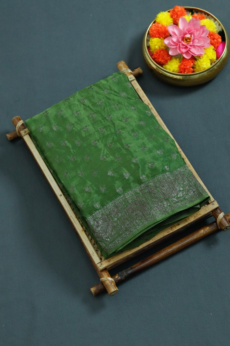 Modern Silk-cotton Banarasi Saree in Green with Designer Floral Motifs Border view 1