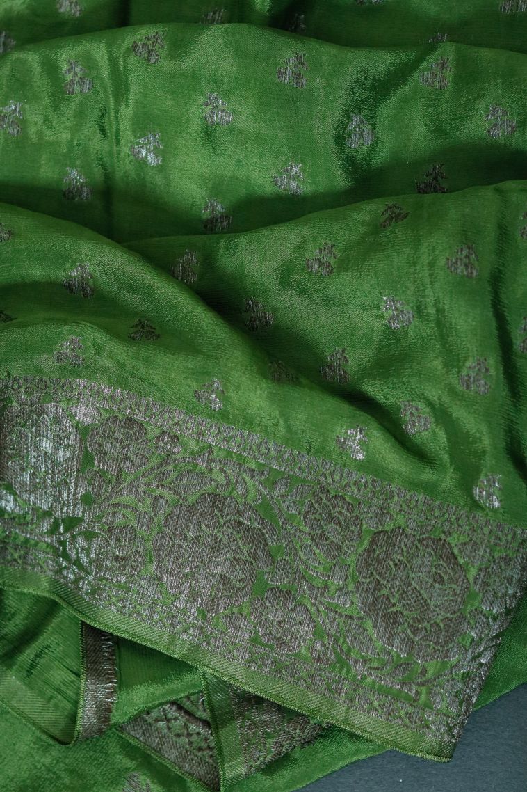 Modern Silk-cotton Banarasi Saree in Green with Designer Floral Motifs Border view 4