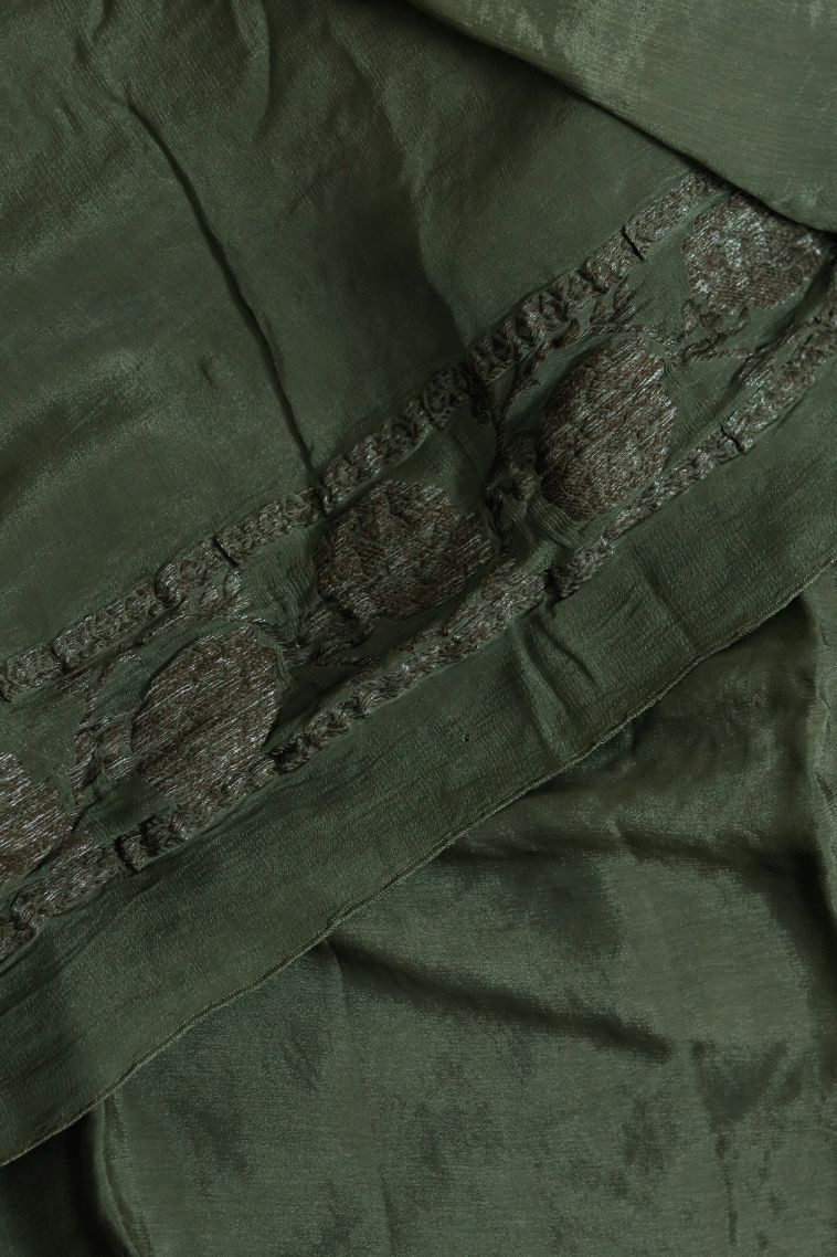 Festive Wear Silk-cotton Banrasi Saree in Moss Green with Woven Accents view 3