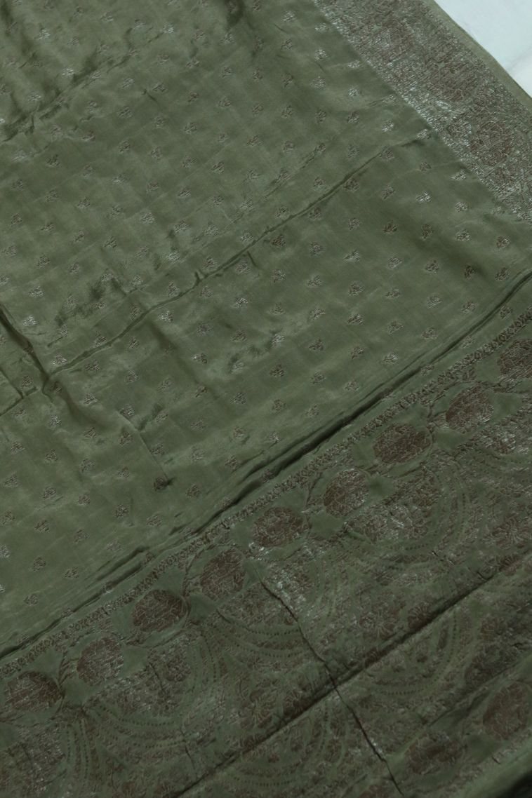 Festive Wear Silk-cotton Banrasi Saree in Moss Green with Woven Accents view 2
