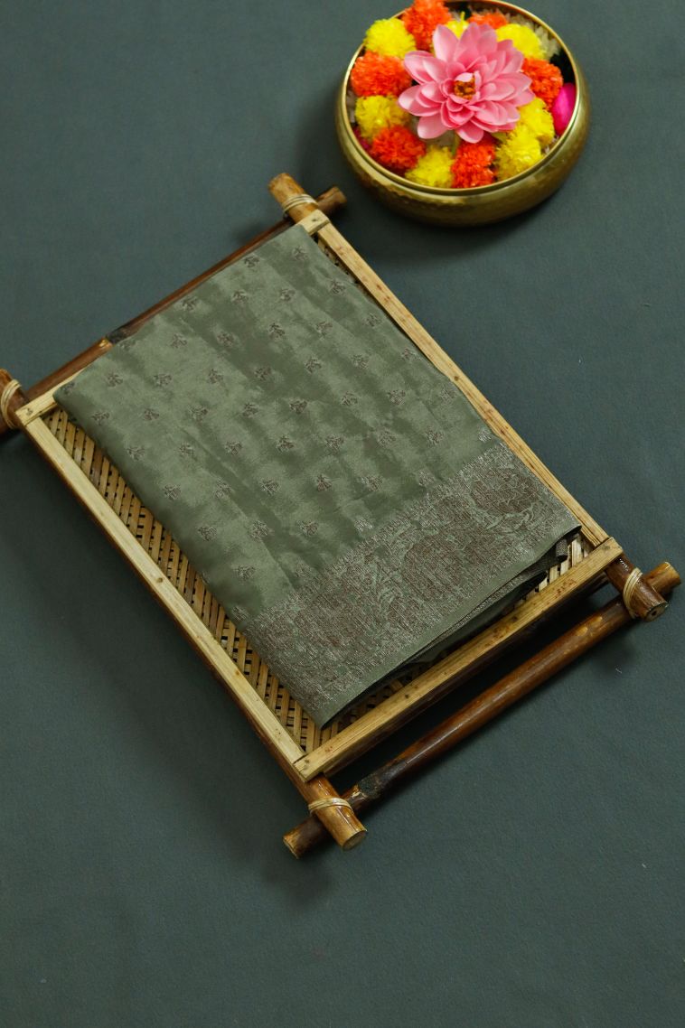 Festive Wear Silk-cotton Banrasi Saree in Moss Green with Woven Accents view 1