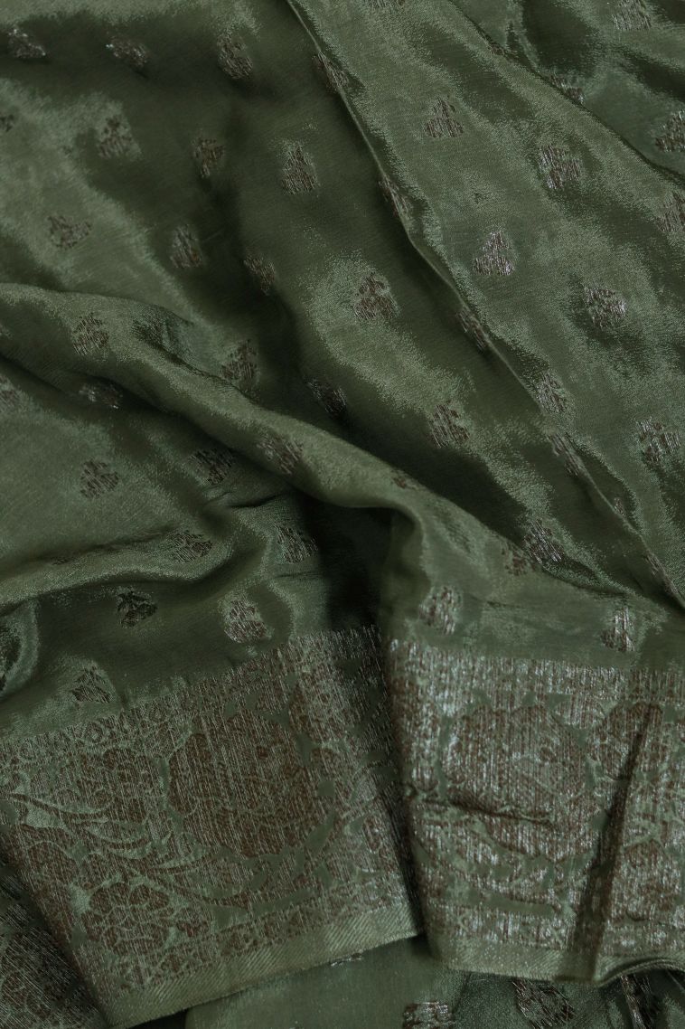 Festive Wear Silk-cotton Banrasi Saree in Moss Green with Woven Accents view 4