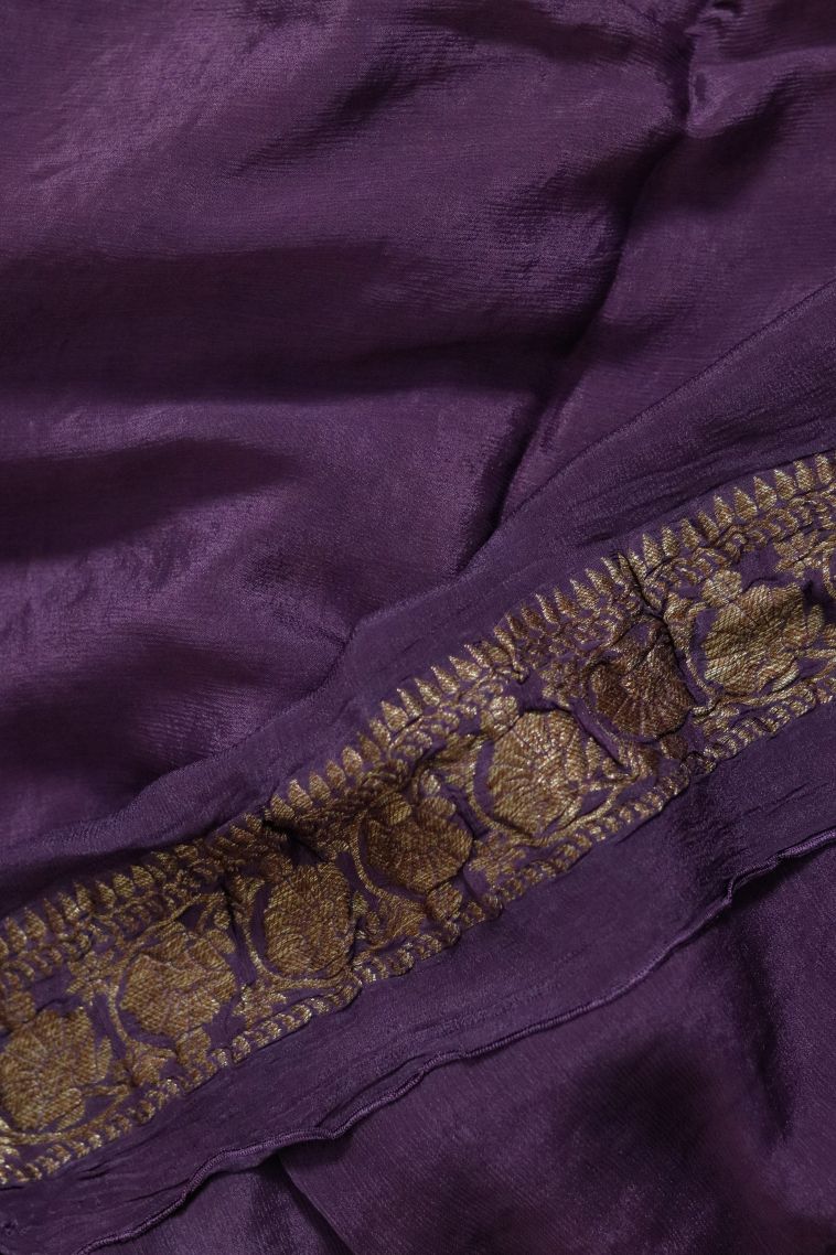 Modern Silk-cotton Banarasi Saree in Deep Purple with Designer Floral Motifs Border view 3