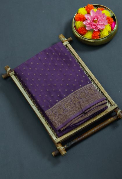 Modern Silk-cotton Banarasi Saree in Deep Purple with Designer Floral Motifs Border