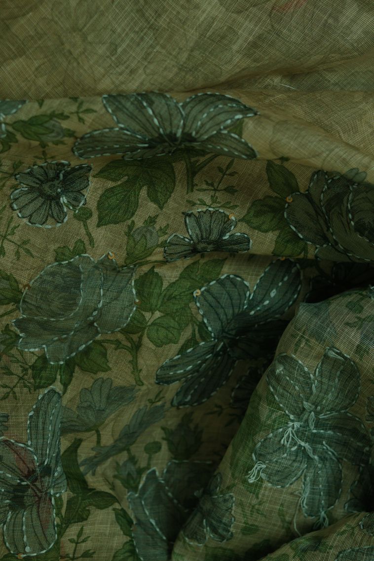 Classic Linen Saree in Dark Moss Green view 3