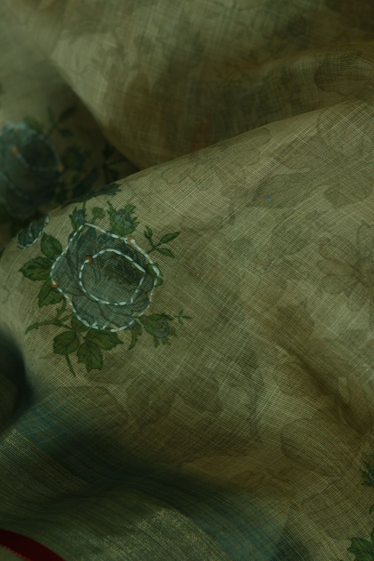 Classic Linen Saree in Dark Moss Green view 2