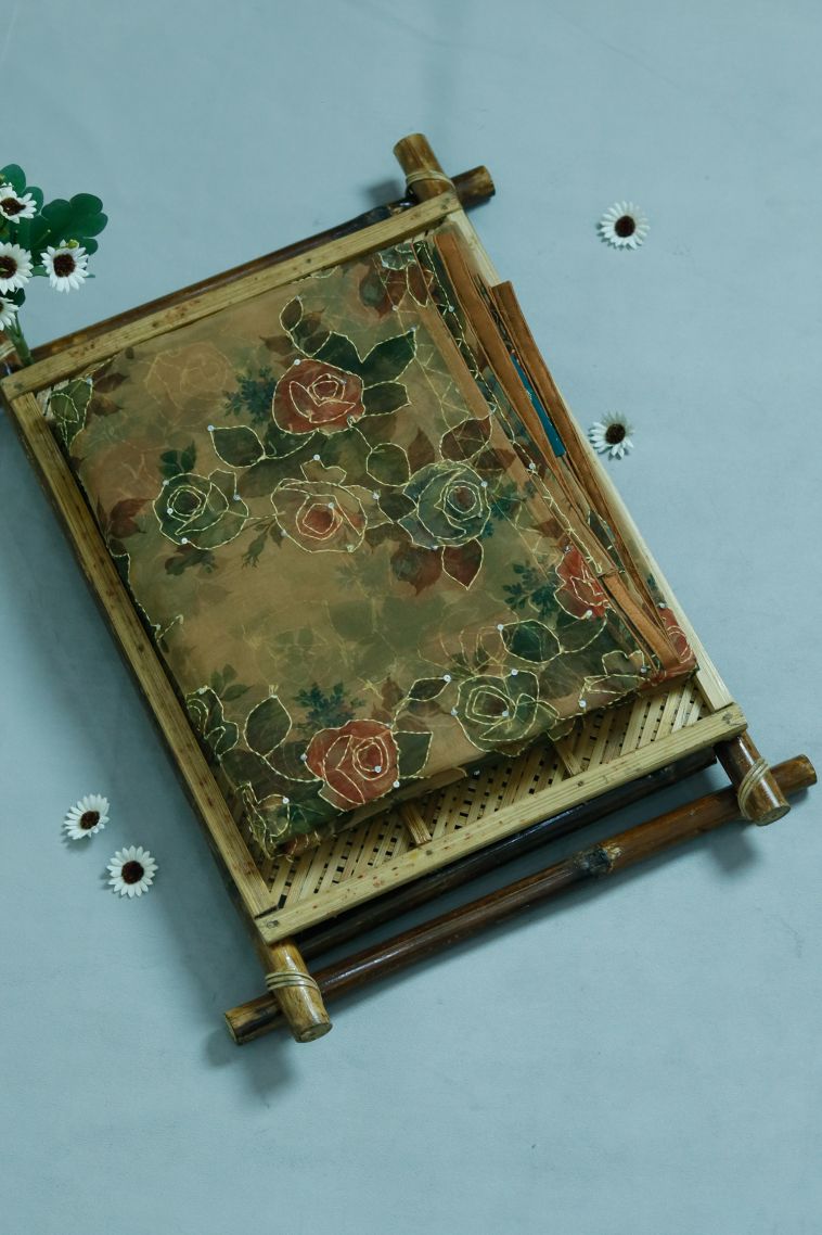 Elegant Olive Green Soft & Flowing Saree with Subtle Floral Detailing view 1