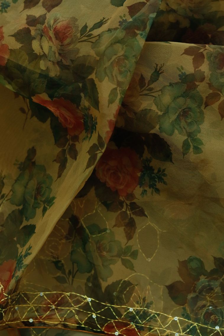 Elegant Olive Green Soft & Flowing Saree with Subtle Floral Detailing view 3