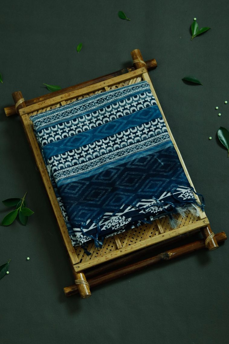 Designer Dark Blue Linen Saree with Woven Work view 1