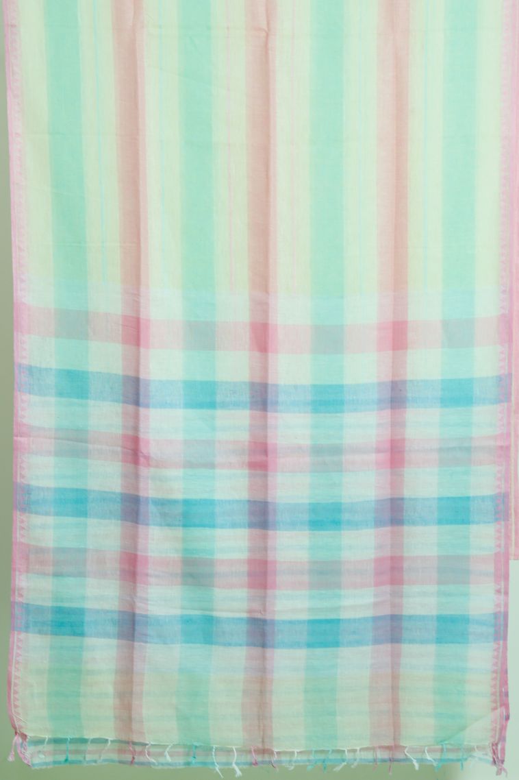 Modern Pure Linen Saree in Multi-colour with Designer Checkered Border view 2