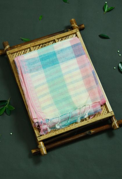 Modern Pure Linen Saree in Multi-colour with Designer Checkered Border