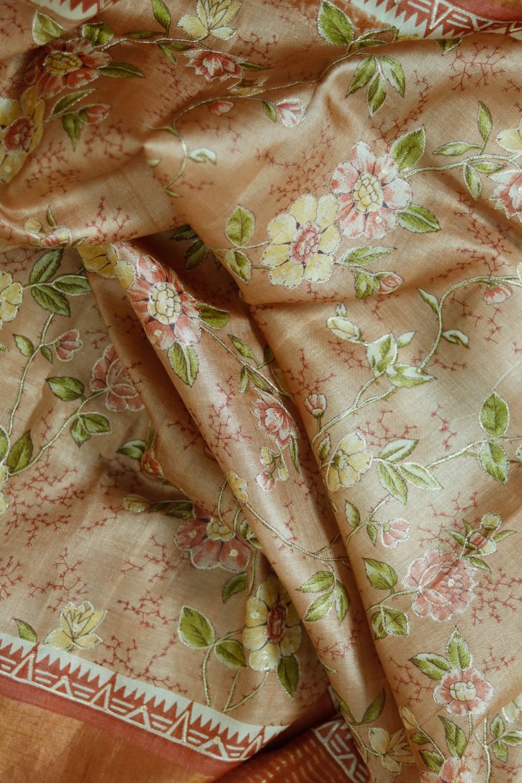 Modern Tusser Silk Saree in Peach with Designer Solid Border view 4