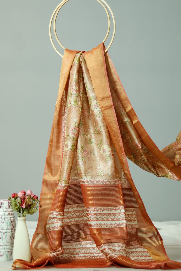 Modern Tusser Silk Saree in Peach with Designer Solid Border view 1