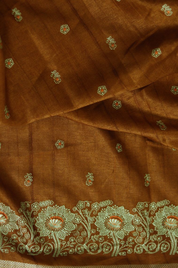 Festive Collection Brown Tusser Silk Saree with Subtle Floral Motifs view 4