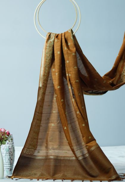 Festive Collection Brown Tusser Silk Saree with Subtle Floral Motifs