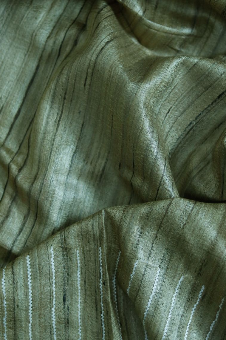 Elegant Olive Green Stiff & Rich Finish Saree with Subtle Stripes Detailing view 3