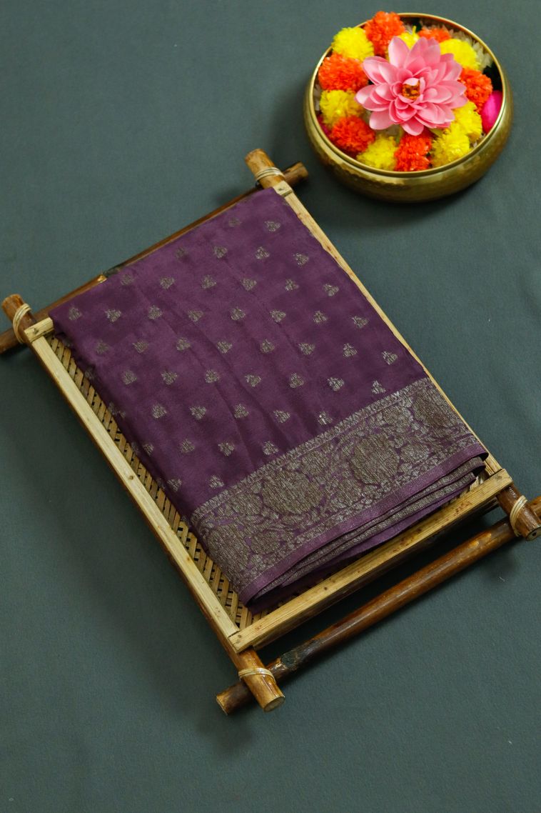 Classic Silk-cotton Banarasi Saree in Deep Purple view 1