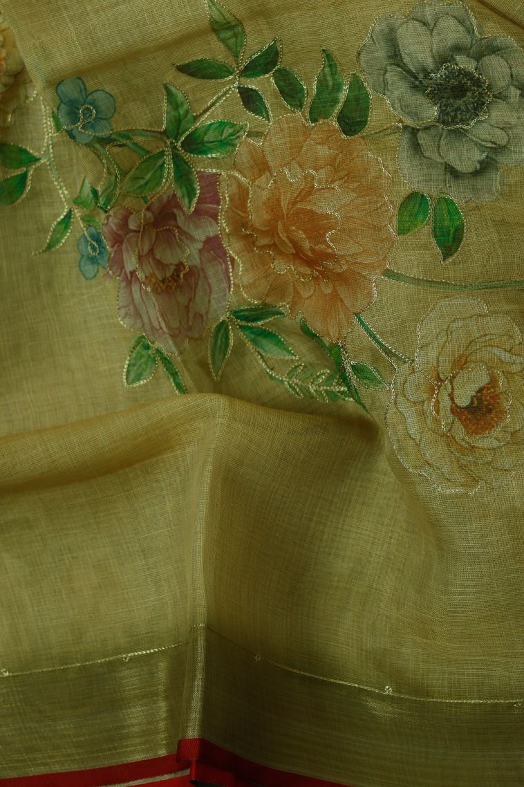 Elegant Pure Linen Saree with Subtle Floral Detailing view 3