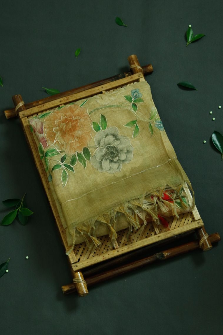 Elegant Pure Linen Saree with Subtle Floral Detailing view 1