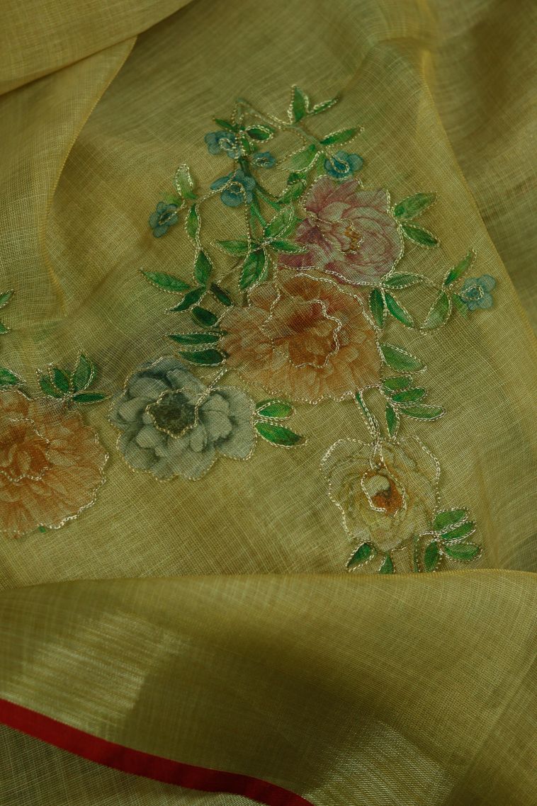 Elegant Pure Linen Saree with Subtle Floral Detailing view 4