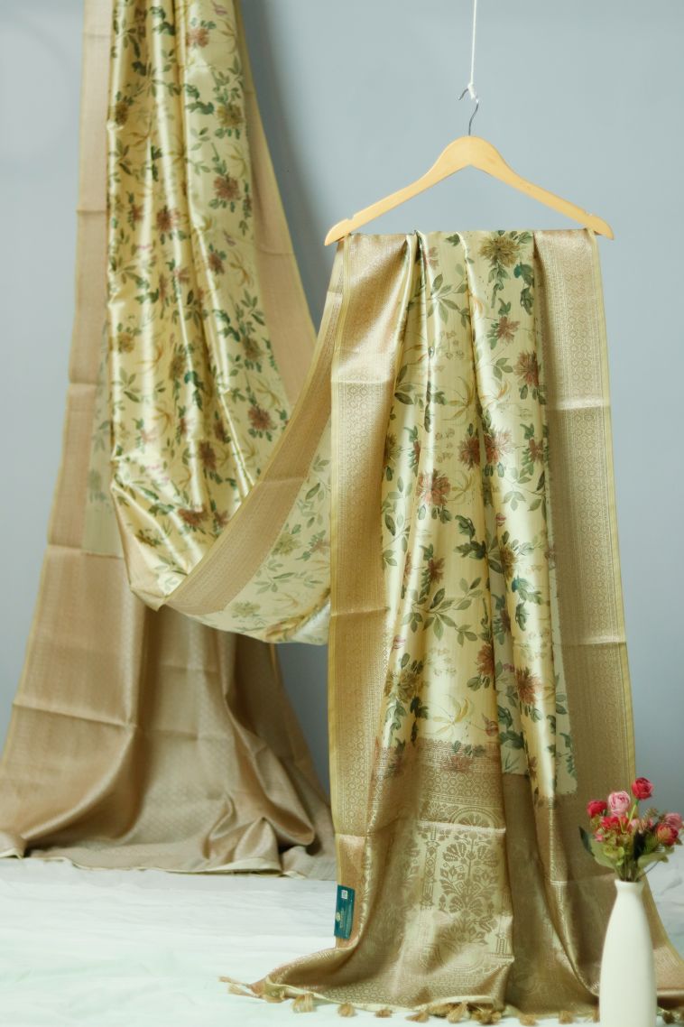 Traditional Floral Dola Silk Saree in Pastel Yellow - Ideal for Festive view 1