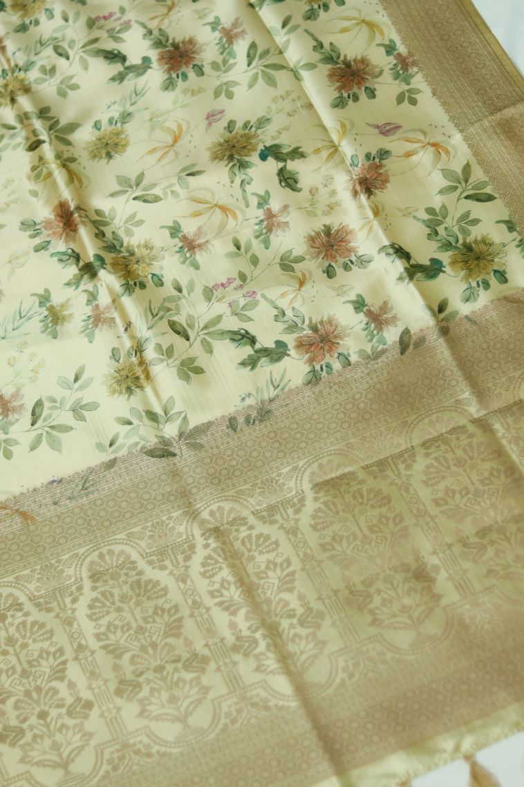 Traditional Floral Dola Silk Saree in Pastel Yellow - Ideal for Festive view 2